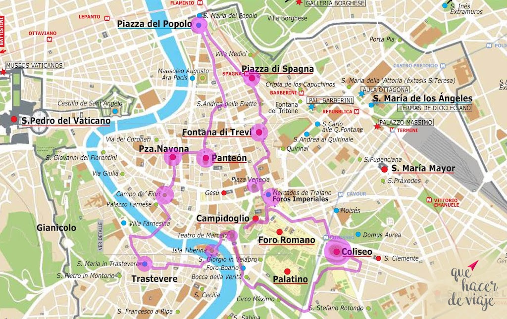 Mapa de los 16 lugares que visitar en Roma en un día