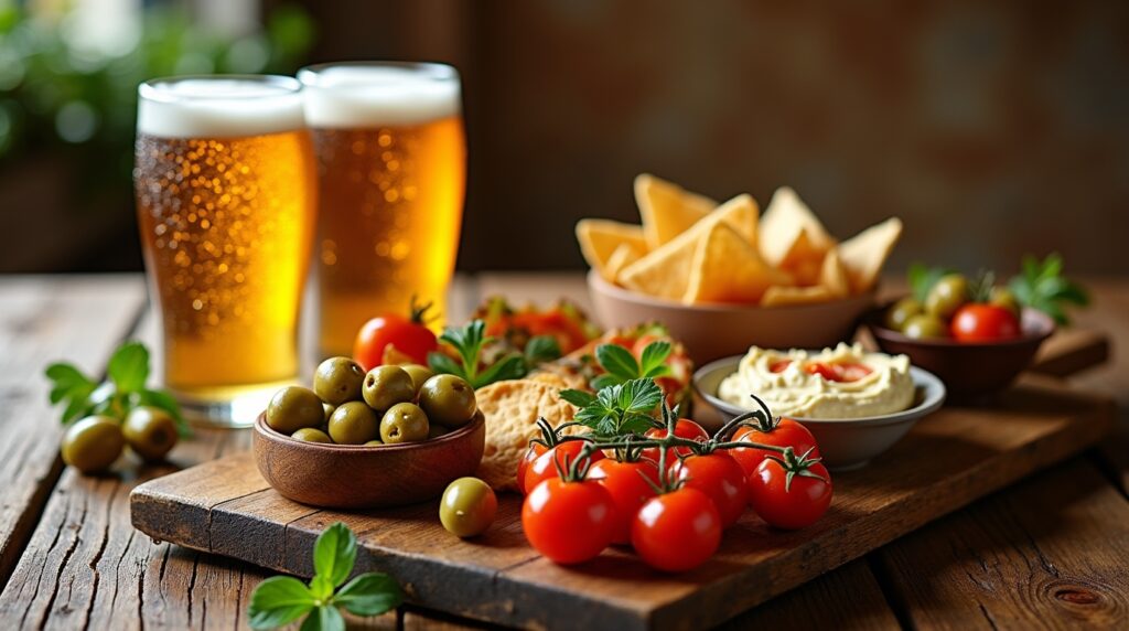 Entrantes mediterráneos y cervezas