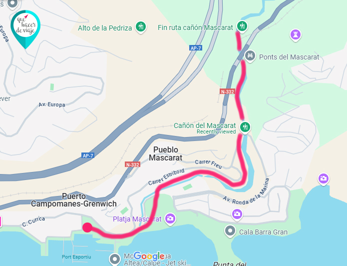 Mapa señalizando la ruta del Cañón del Mascarat